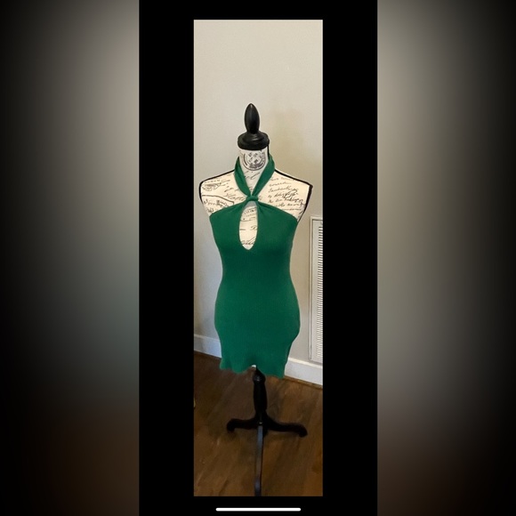 Green Ribbed Knit Crossover Halter Bodycon Mini Dress Women's Small AJ Luxury - Picture 6 of 9